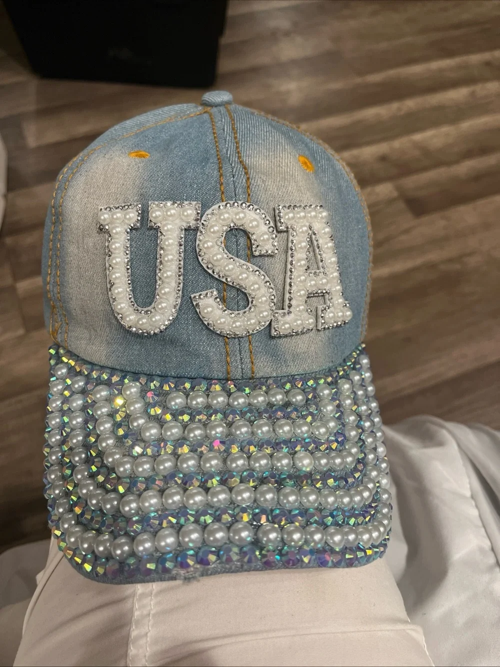 Denim USA Pearl & Rhinestone Embellished Baseball Cap Hat distressed adjustable